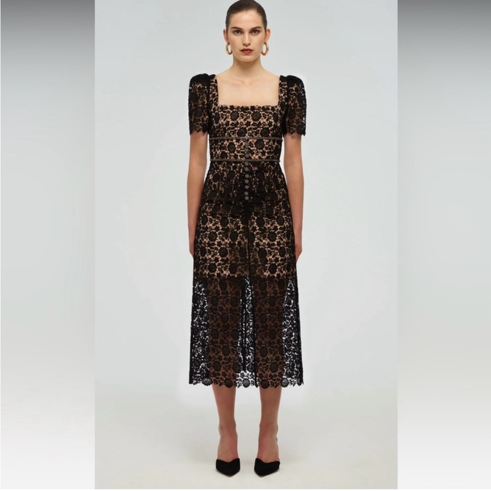 Self-Portrait Guipure Fitted Embellished Buttons Black Lace Midi Dress NWOT - Picture 3 of 15